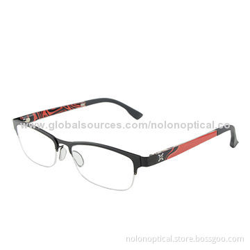 Metal Rim Combined Optical Frame with Red Colorful Temple